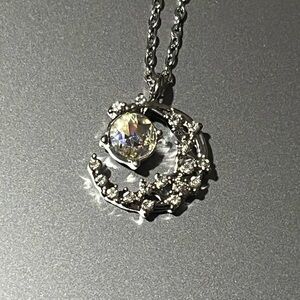 Stainless Steel CZ Crescent Moon Pendant Necklace | 18”